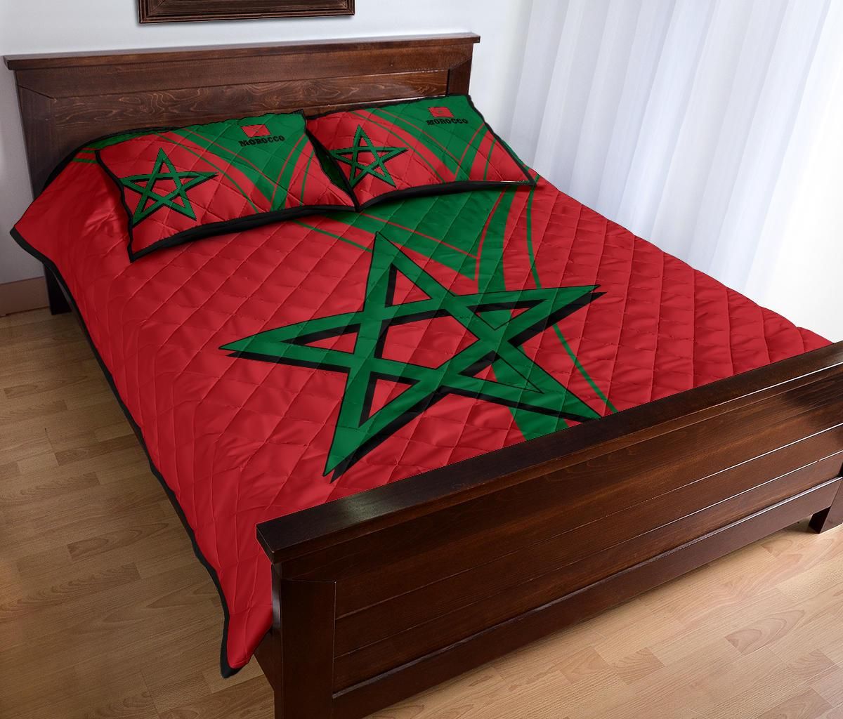 Red Moroccan quilt with oversized green star, paired with two red-and-green pillow covers