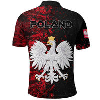 Back view black polo shirt with red print, POLAND text and large eagle crest
