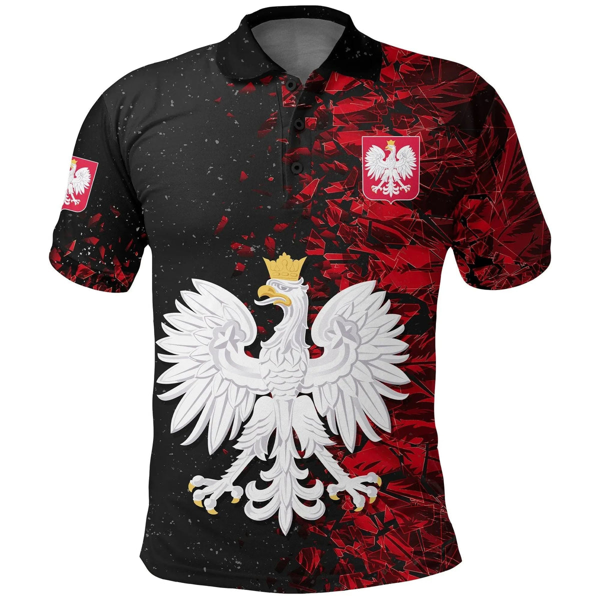 Black polo shirt with red abstract print, eagle crest and coat-of-arms emblem on front