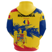 Yellow back hoodie with ROMANIA text and flag-map crest, back view