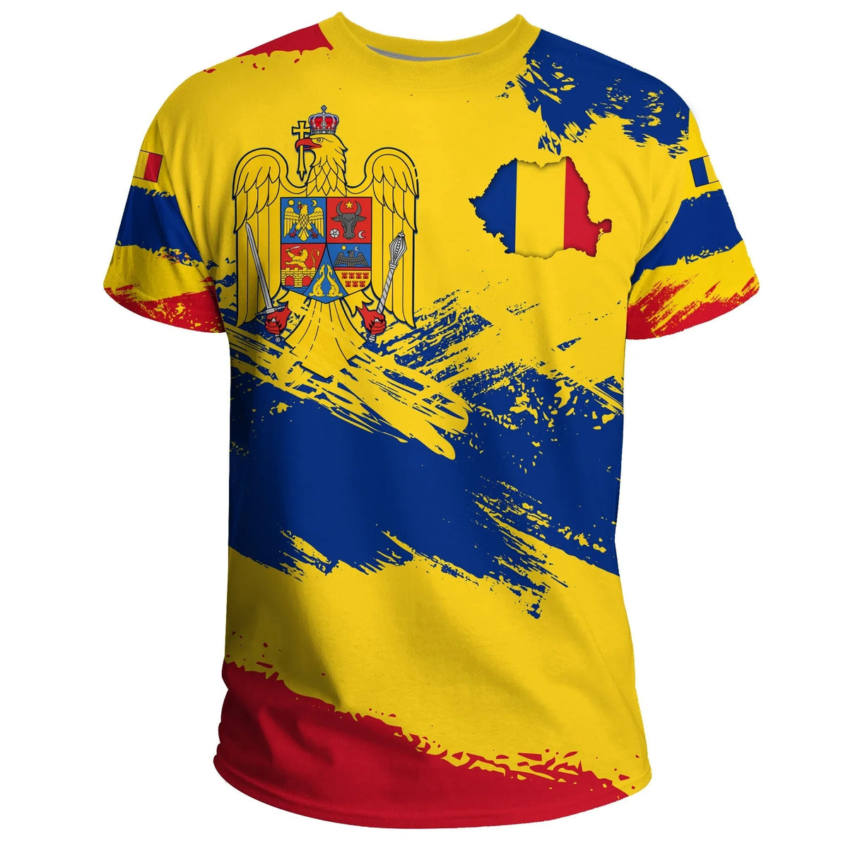 Yellow T-shirt with Romanian flag map and royal crest graphic on front, brush print
