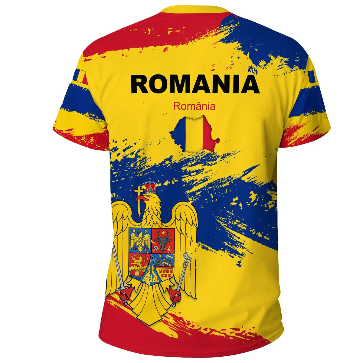 Yellow T-shirt with ROMANIA text and Romanian flag map on back, brush print