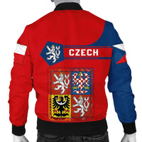 Bomber jacket back: Czech text and crest patch on red body, blue sleeves
