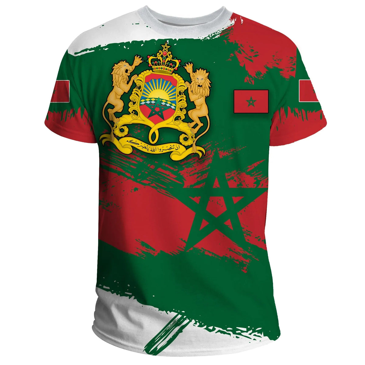 Morocco flag brush T-shirt with lion crest on green-and-red front