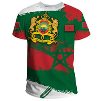 Morocco flag brush T-shirt with lion crest on green-and-red front