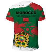 Morocco T-shirt back with 'MOROCCO' text, lion crest and flag motifs