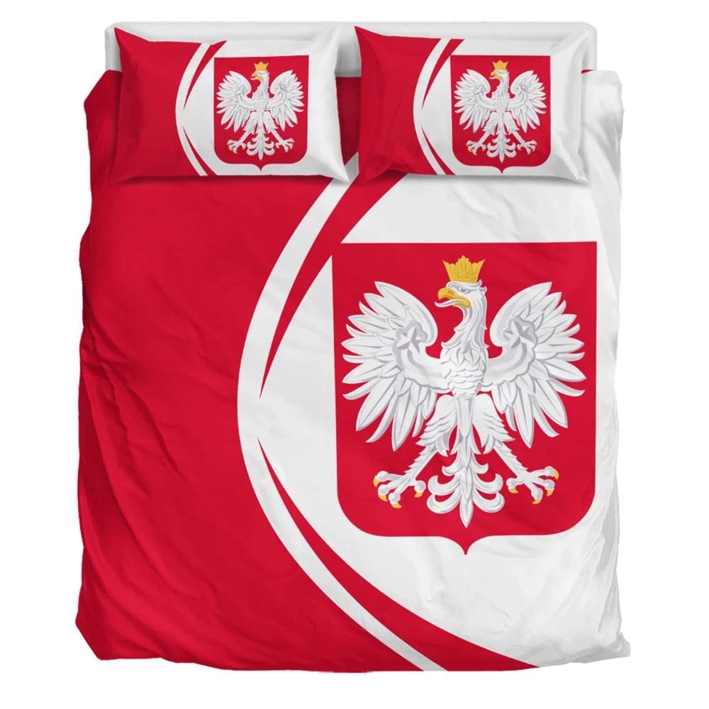 Polish bedding set on light background: red duvet with diagonal white stripe and eagle crest