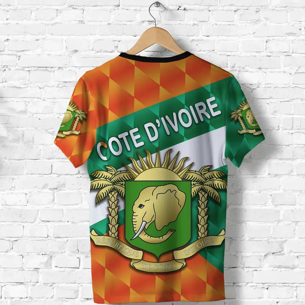 Côte d’Ivoire sporty T-shirt with orange-and-green check pattern and back crest print