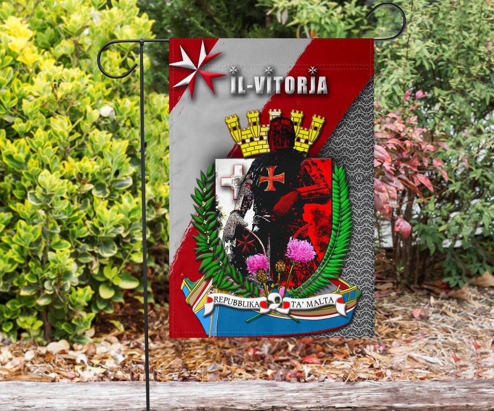 Il-Vitorja Malta love garden flag, multicolor crest and lettering