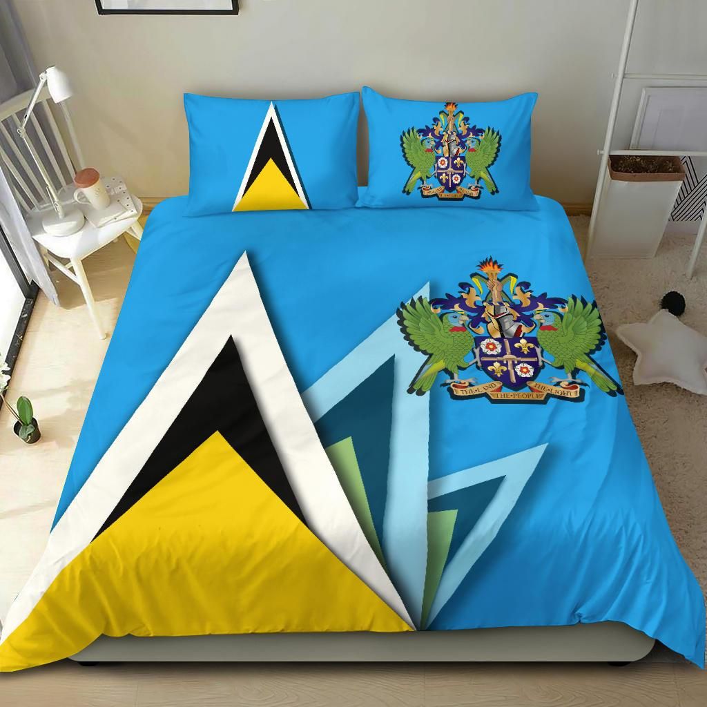 Saint Lucia bedding set: blue duvet with flag triangles and colorful coat-of-arms crest; 2 matching pillows