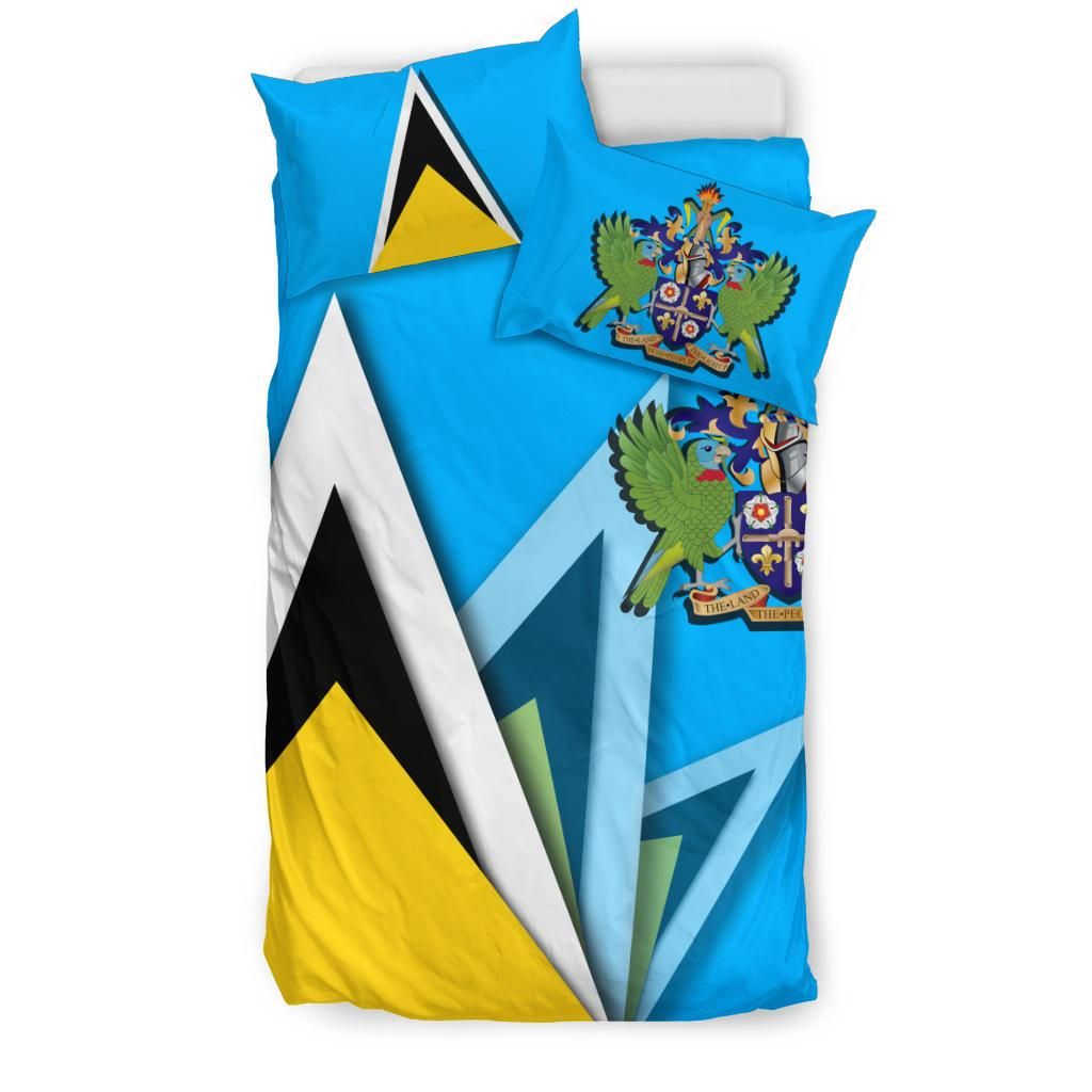 Saint Lucia bedding set with blue flag triangle design and coat-of-arms crest on duvet and pillow set