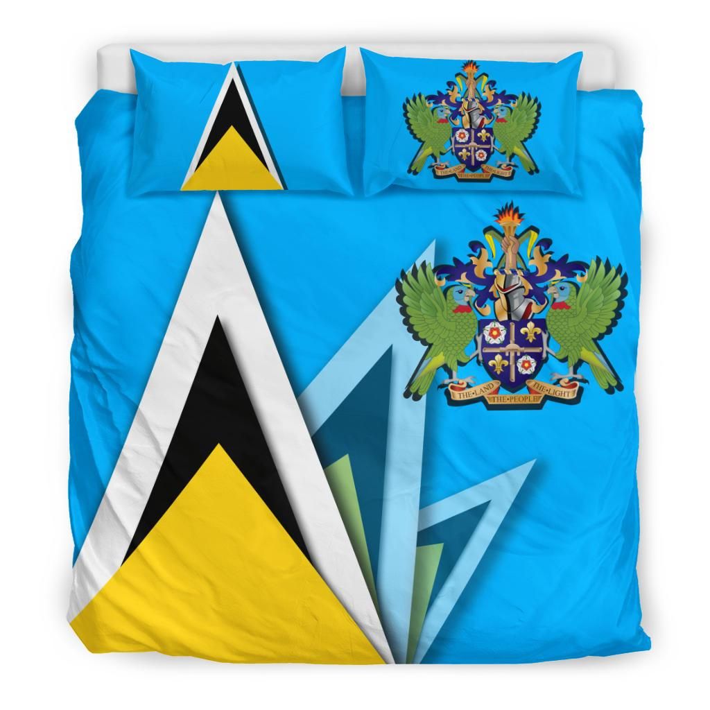 Blue Saint Lucia bedding set featuring flag tricolor triangles and coat-of-arms crest on duvet front