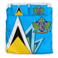 Blue Saint Lucia bedding set featuring flag tricolor triangles and coat-of-arms crest on duvet front