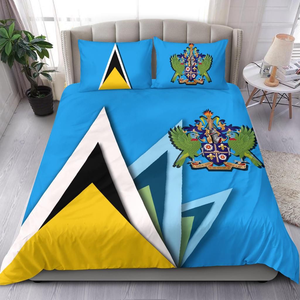 Blue bedding set with Saint Lucia flag tricolor triangles and coat-of-arms crest on duvet and pillows