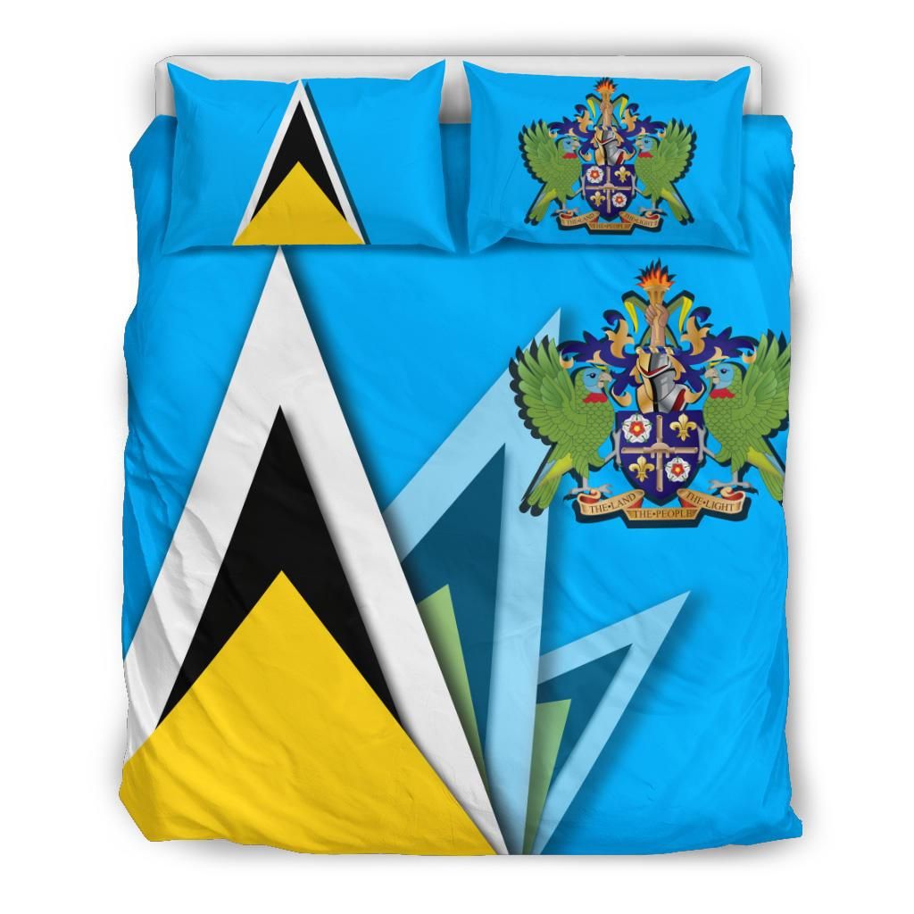 Studio view of Saint Lucia bedding set: blue duvet with flag triangles and coat-of-arms crest pillows