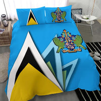 Blue duvet bedding set with Saint Lucia flag triangles, green crest emblem, and two front pillows