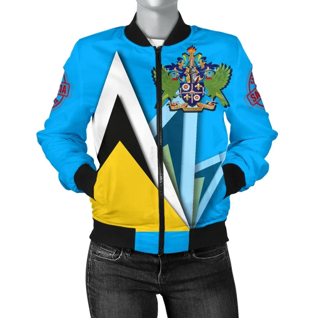 Saint Lucia Women's Bomber Jacket Flag With Coat Of Arms RLT6 - Wonder Print Shop