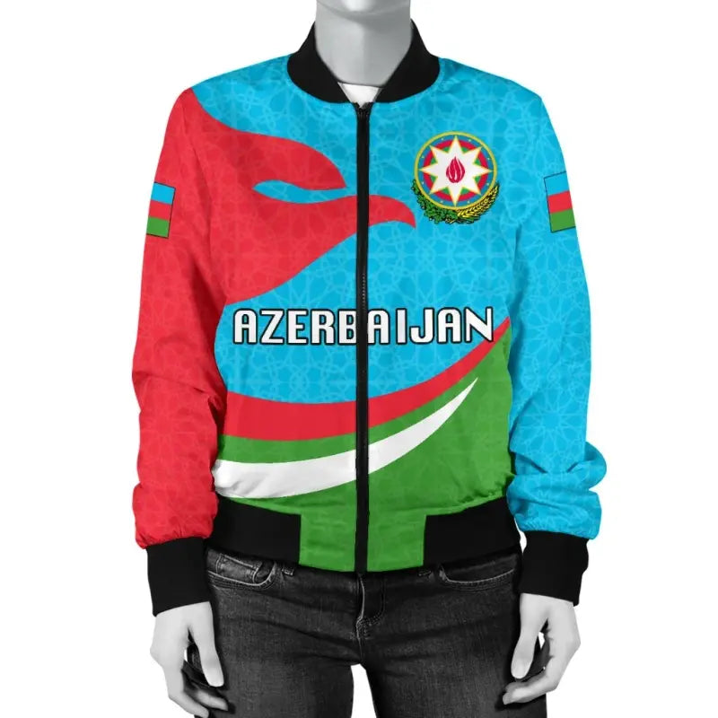 Unisex bomber jacket with Azerbaijan flag print, crest, zip front, ribbed cuffs