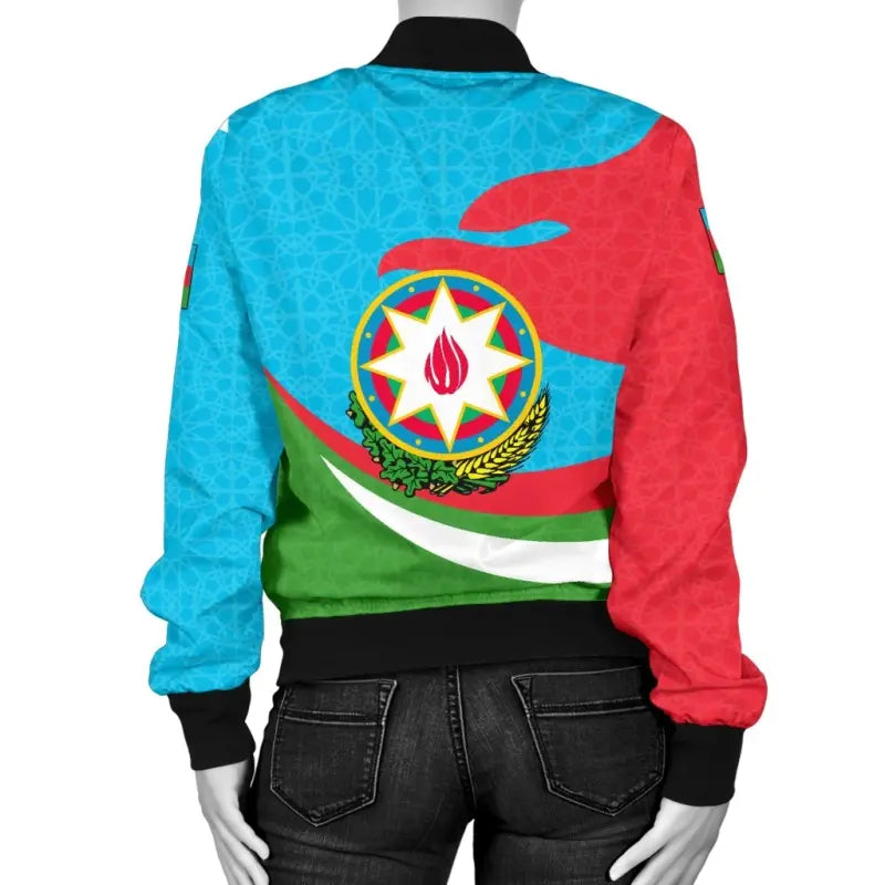 Back of unisex bomber jacket with Azerbaijan crest and flag stripes, ribbed collar and cuffs