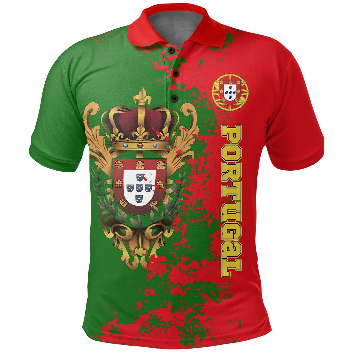 Red polo shirt with Portuguese heraldry crest and vertical lettering graphic