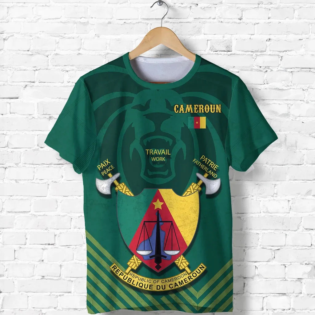 Green Cameroon T-shirt, front graphic with lion crest and CAMEROUN text