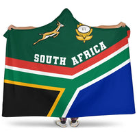 Green South Africa hooded blanket with rugby ball emblem and flag chevron stripes.