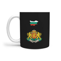 Black Bulgaria mug with flag map and coat of arms crest graphic, front view