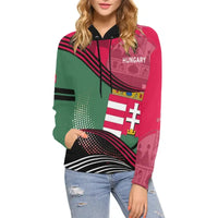 Multicolor green/red pullover hoodie, black hood, front Hungary text and shield print