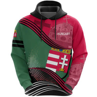 Green and red pullover hoodie with black hood, drawstrings, and Hungary graphic wave print
