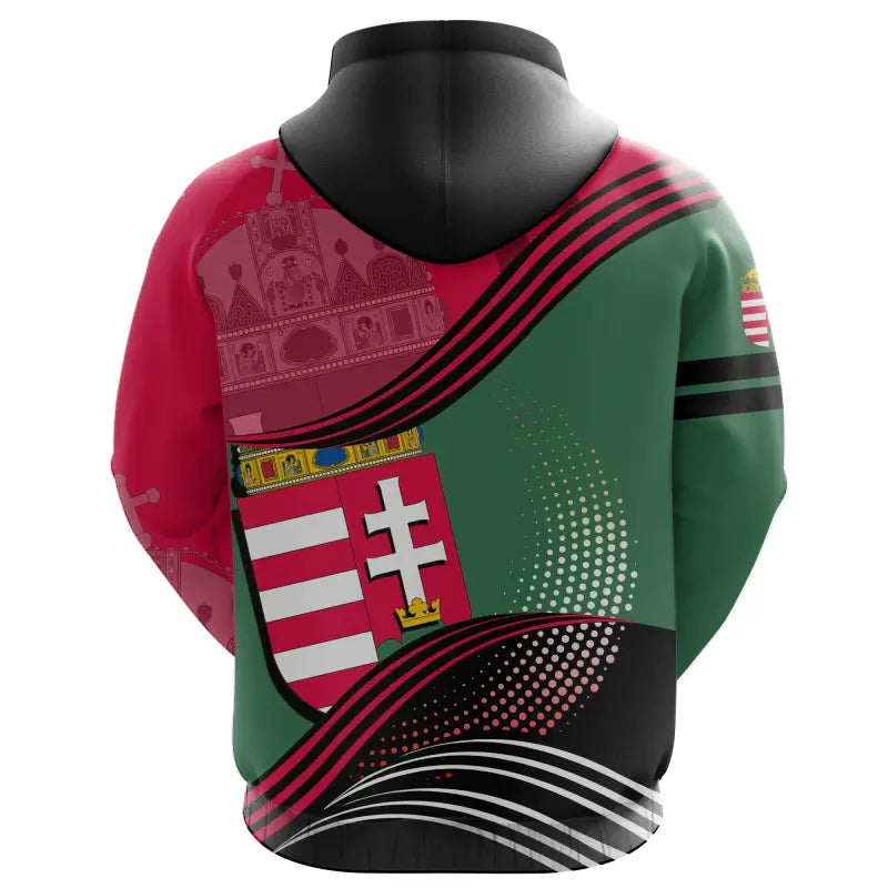 Red and green pullover hoodie back with black hood, stripes, and Hungary shield graphic