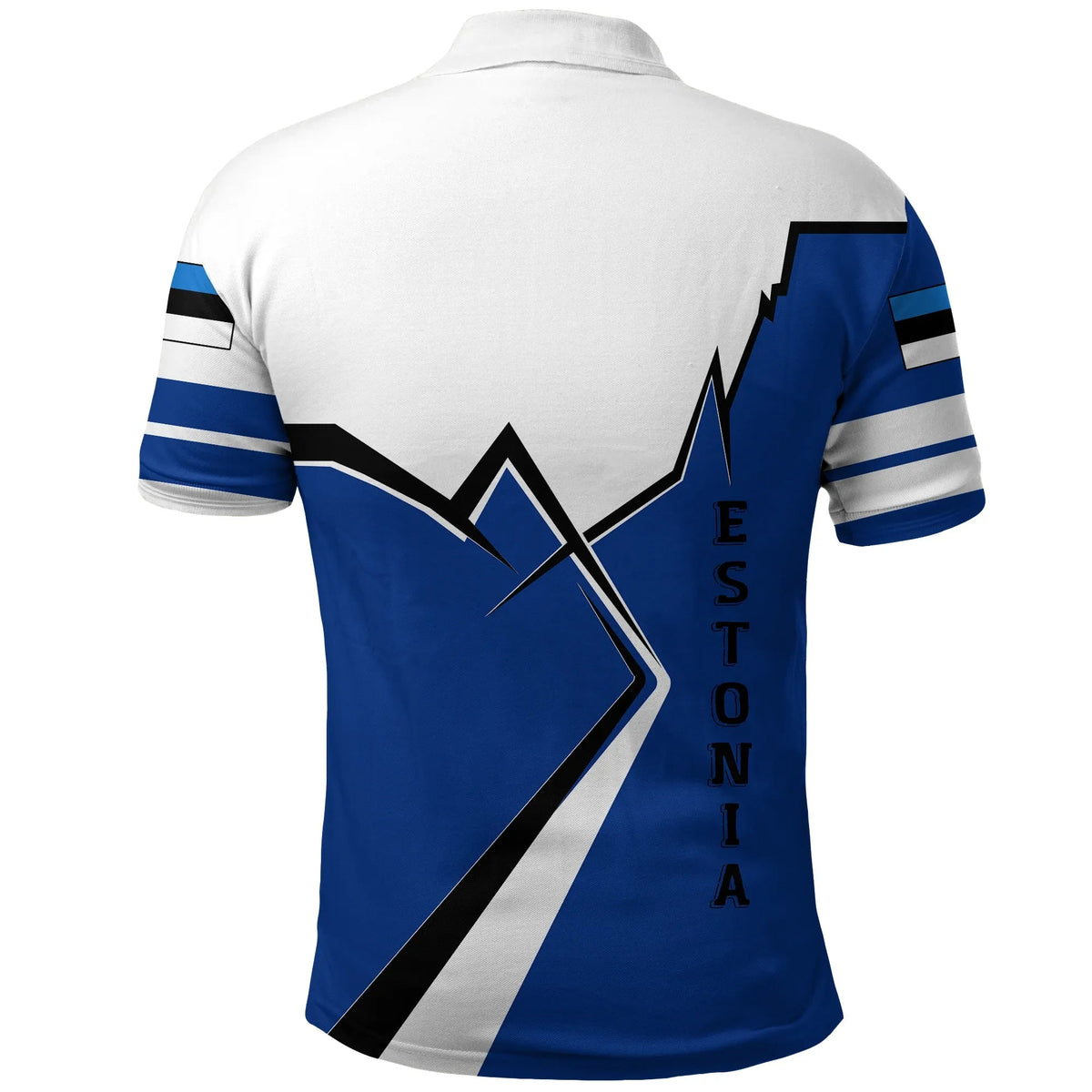 Estonia polo shirt back: blue/white geometric panel, sleeve stripes, 'ESTONIA' text