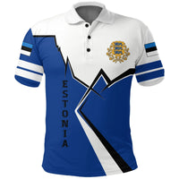 Estonia polo shirt: blue/white geometric panels, striped sleeves, crest patch