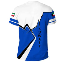 Kuwait back lightning T-shirt, blue and white with vertical 'KUWAIT' text and flag sleeves