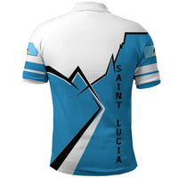 Back view polo shirt with large blue-and-white lightning graphic and vertical Saint Lucia text