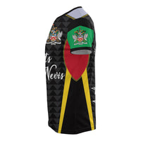 Side view Saint Kitts and Nevis t-shirt, black with yellow side stripe and green panel