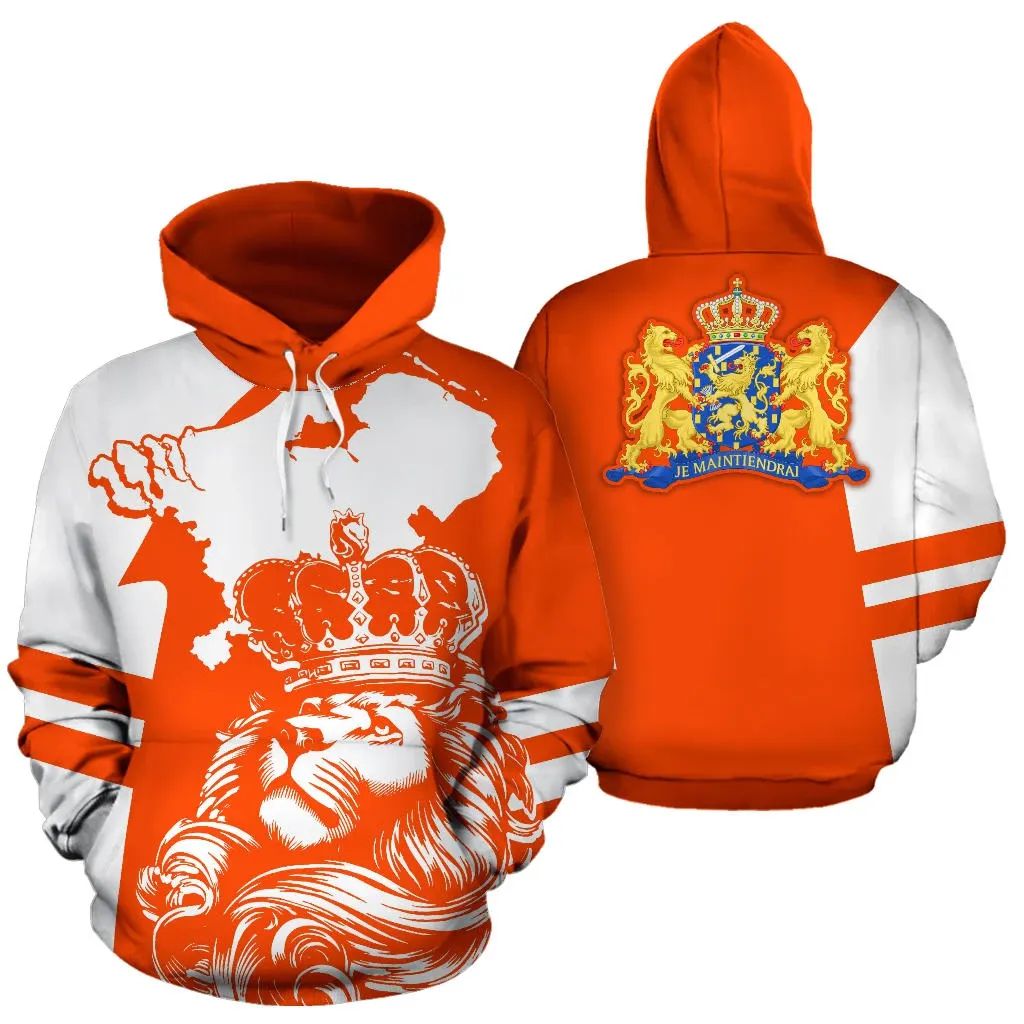 Orange pullover hoodie with all-over lion face and crown graphic, white sleeve accents