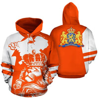 Orange pullover hoodie with all-over lion face and crown graphic, white sleeve accents
