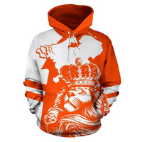Orange and white pullover hoodie with lion face, crown, and map-style artwork
