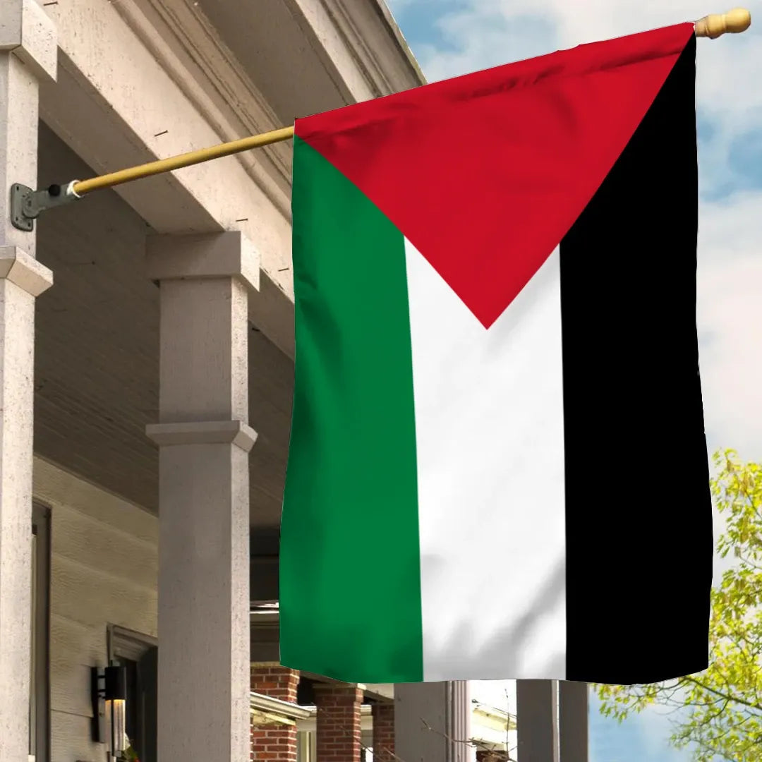 Palestine house flag: red triangle, green/white center, black side stripes