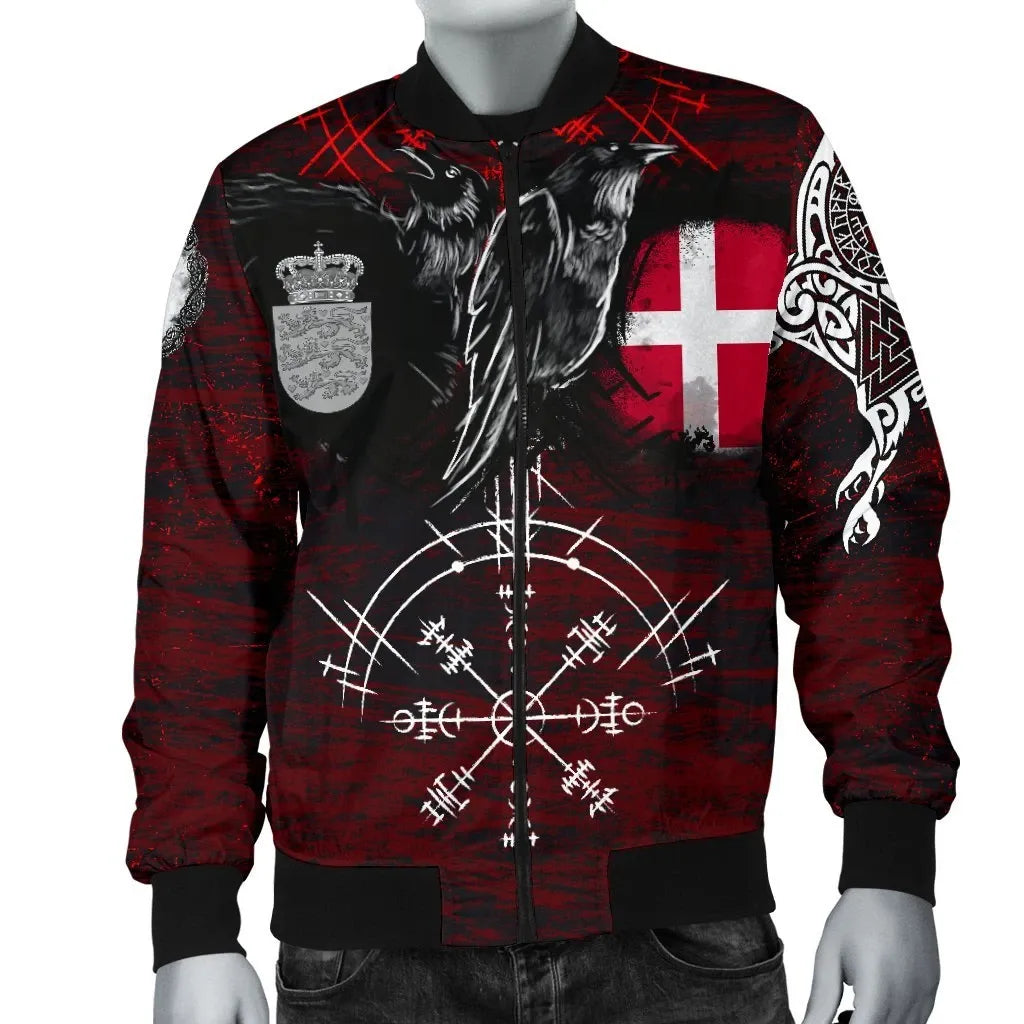 Viking Bomber Jacket Denmark Raven of Odin and Symbol Viking on Blood Background RLT13 - Wonder Print Shop