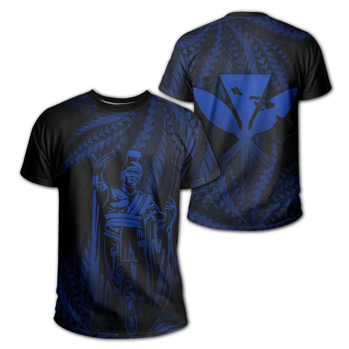 Graphic T-shirt in black with blue Polynesian warrior print, short sleeves