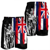 Men's black swim shorts with contrasting Union Jack stripes and white Polynesian-style art