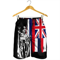Men's black swim shorts with elastic waistband and vertical Union Jack panel print