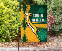 South Africa flag-style garden flag with springbok and “SOUTH AFRICA” text