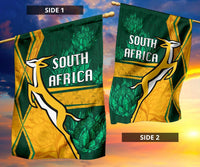 South Africa two-sided flag with Side 1 and Side 2 springbok designs, green and gold