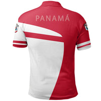 Red and white Panama polo shirt, back print PANAMA, V-panel design, striped sleeves