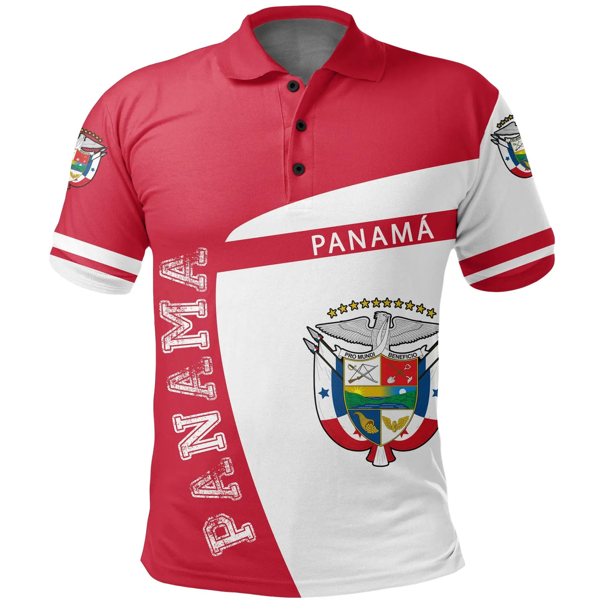 Red and white Panama polo shirt with crest, button placket, striped sleeves