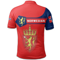 Red polo shirt back with 'NORWEGIAN' text, lion crest shield, and sleeve flag patch