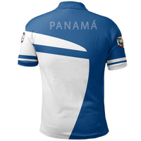 Back view: blue and white Panama polo with 'PANAMÁ' print, diagonal panels, striped sleeves