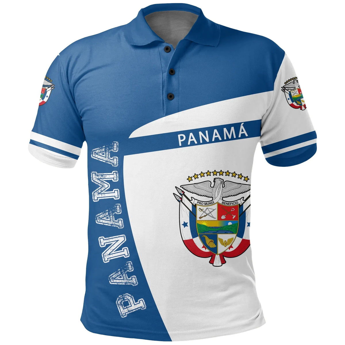 Blue & white 'PANAMÁ' polo shirt, collar with button placket, crest and stripe sleeves